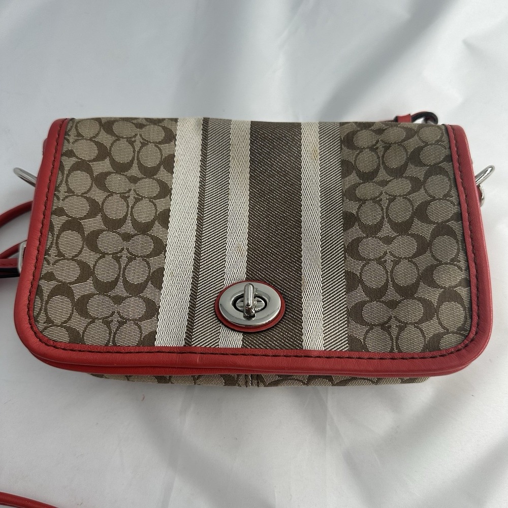 Coach Women Legacy Signature Orange Stripe Canvas Leather Penny Crossbody #19919